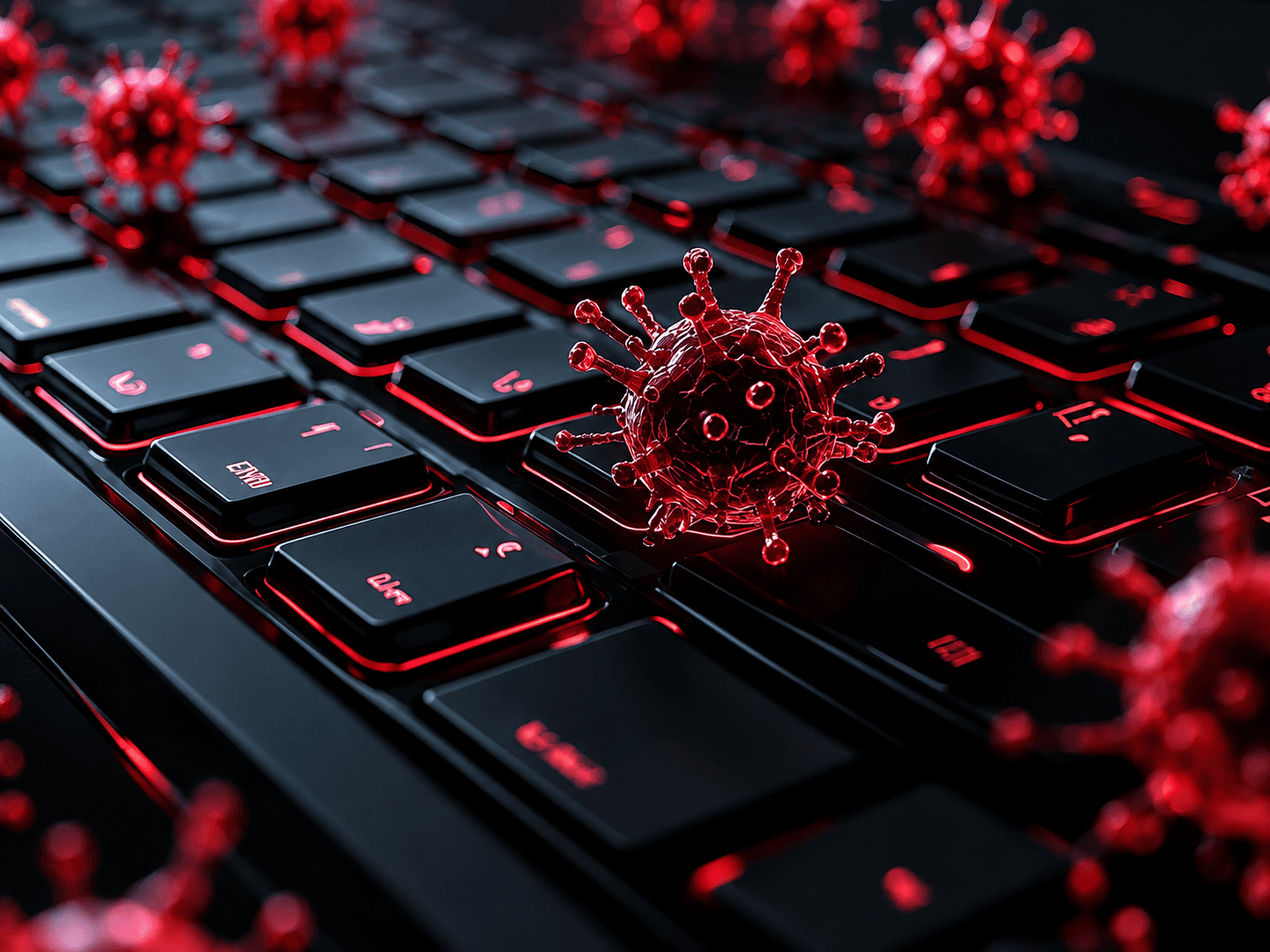Glowing red virus icons on a black computer keyboard, representing a cybersecurity threat
