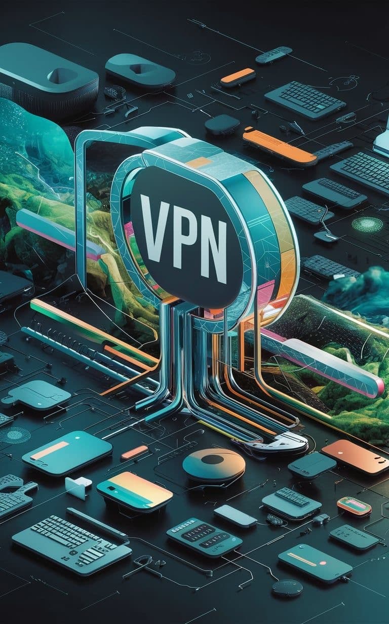 Futuristic illustration of a VPN hub connecting multiple devices
